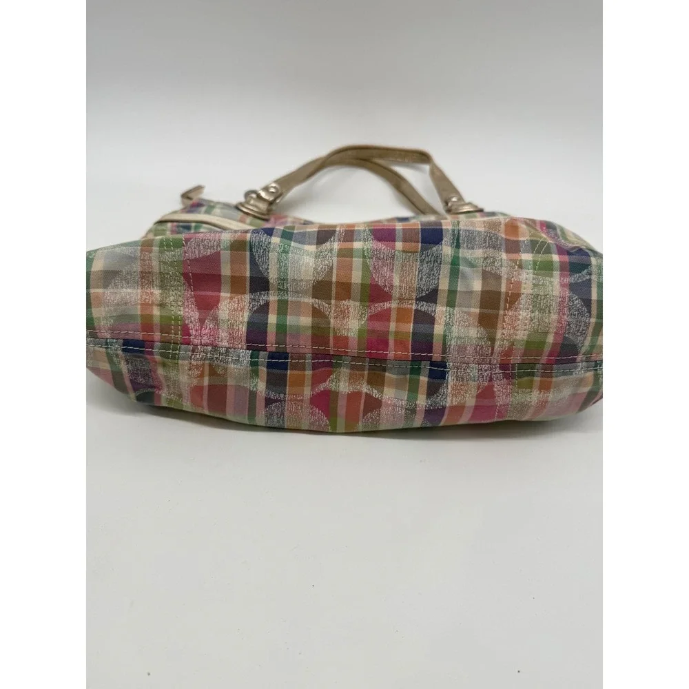 Coach 19611 Madras Signature Sequin Shoulder Tote Bag Pink Pastel Plaid Purse